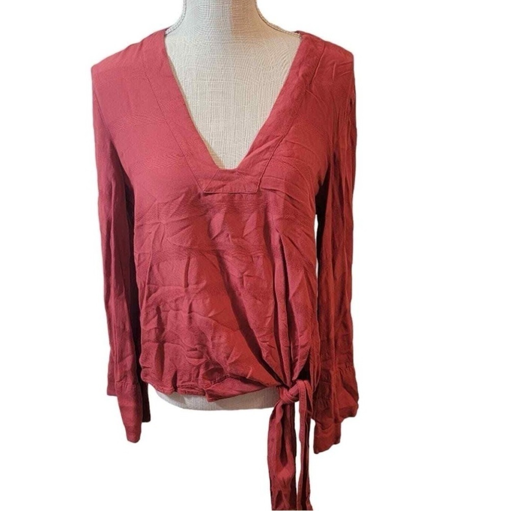 Free People Deep V-Neck Tie Blouse in Red